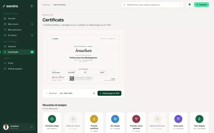 Certificat de réussite Savoira, vérifiable et partageable