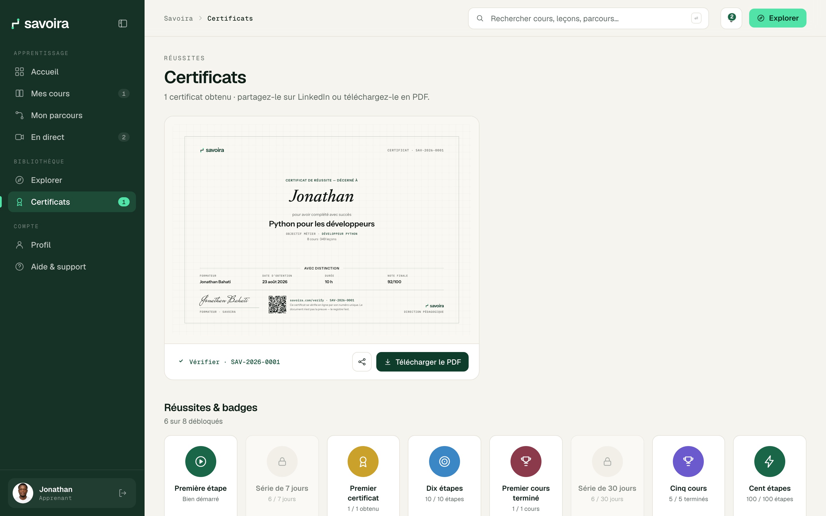Certificat de réussite Savoira, vérifiable et partageable