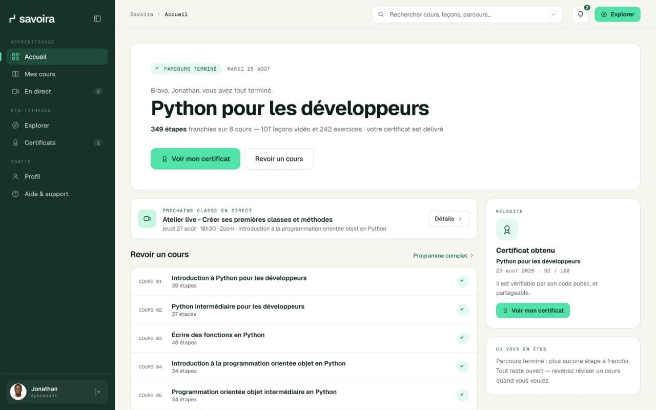 L’espace apprenant Savoira : le parcours Python pour les développeurs terminé, les cours à revoir et le certificat obtenu