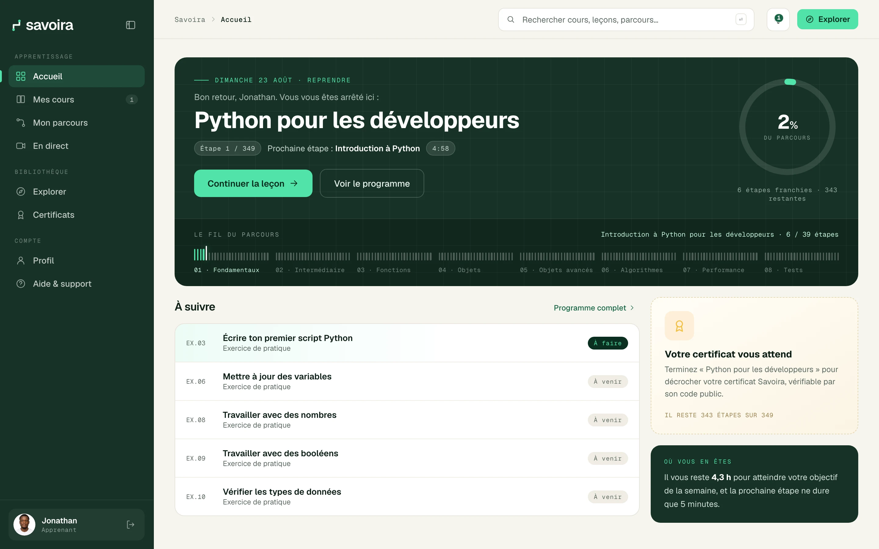 L'espace apprenant Savoira : le parcours Python pour les développeurs, la prochaine étape, le fil des chapitres et les exercices à suivre