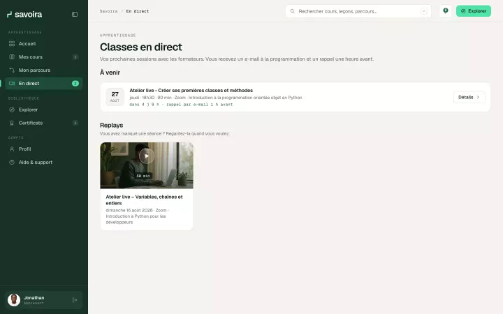 Classes en direct : prochaine séance et replays