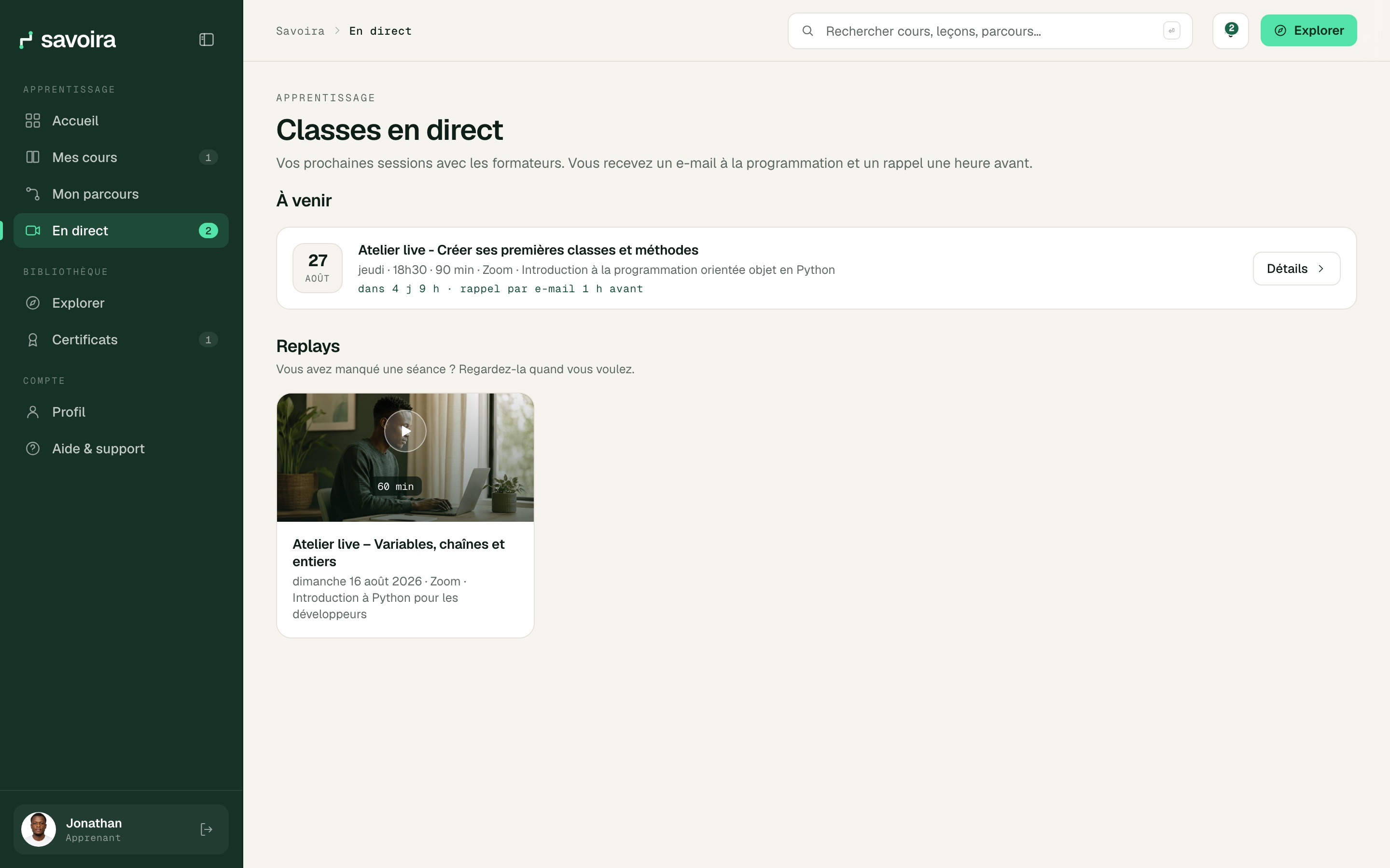 Classes en direct : prochaine séance et replays