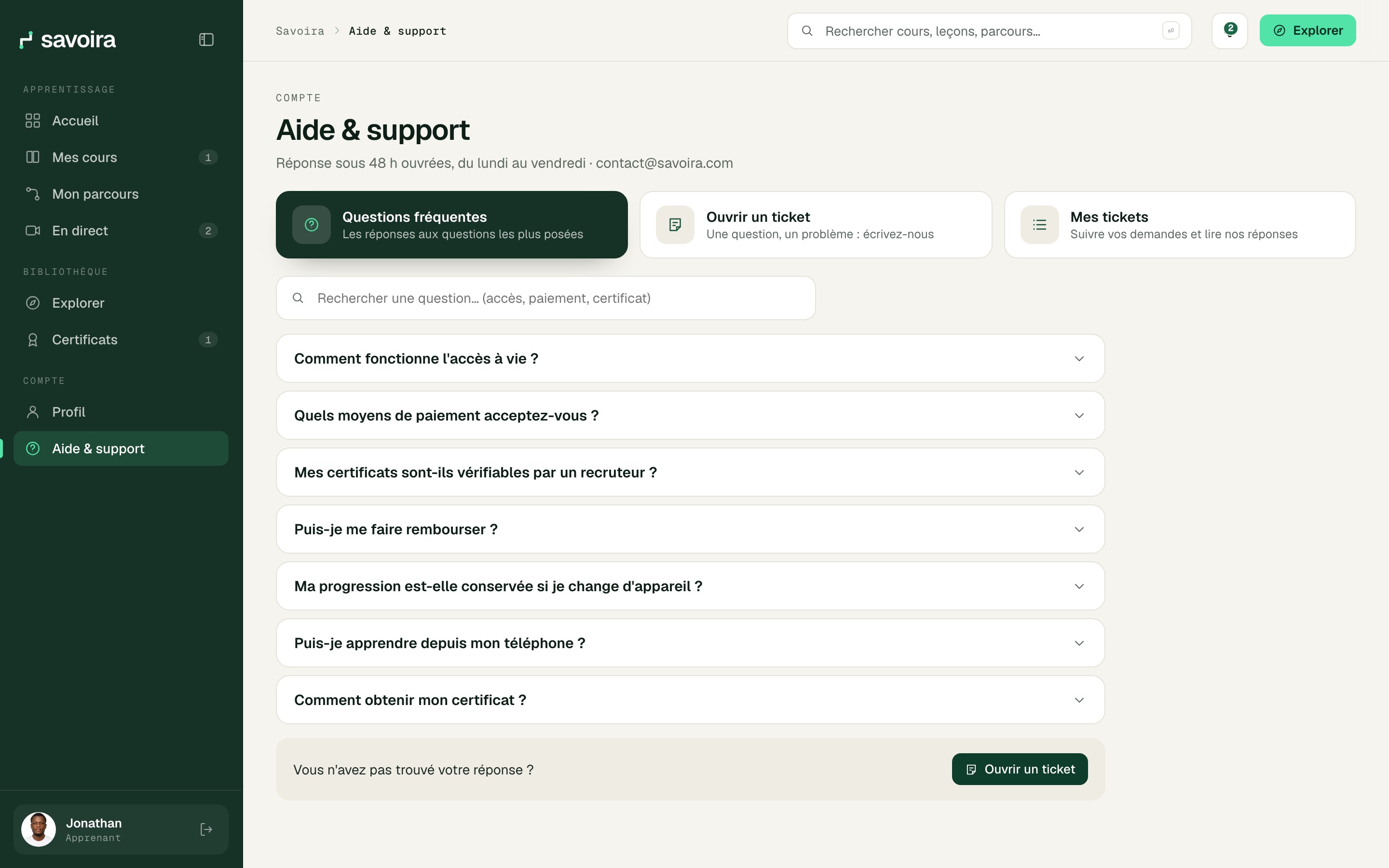 Aide & support : questions fréquentes et tickets